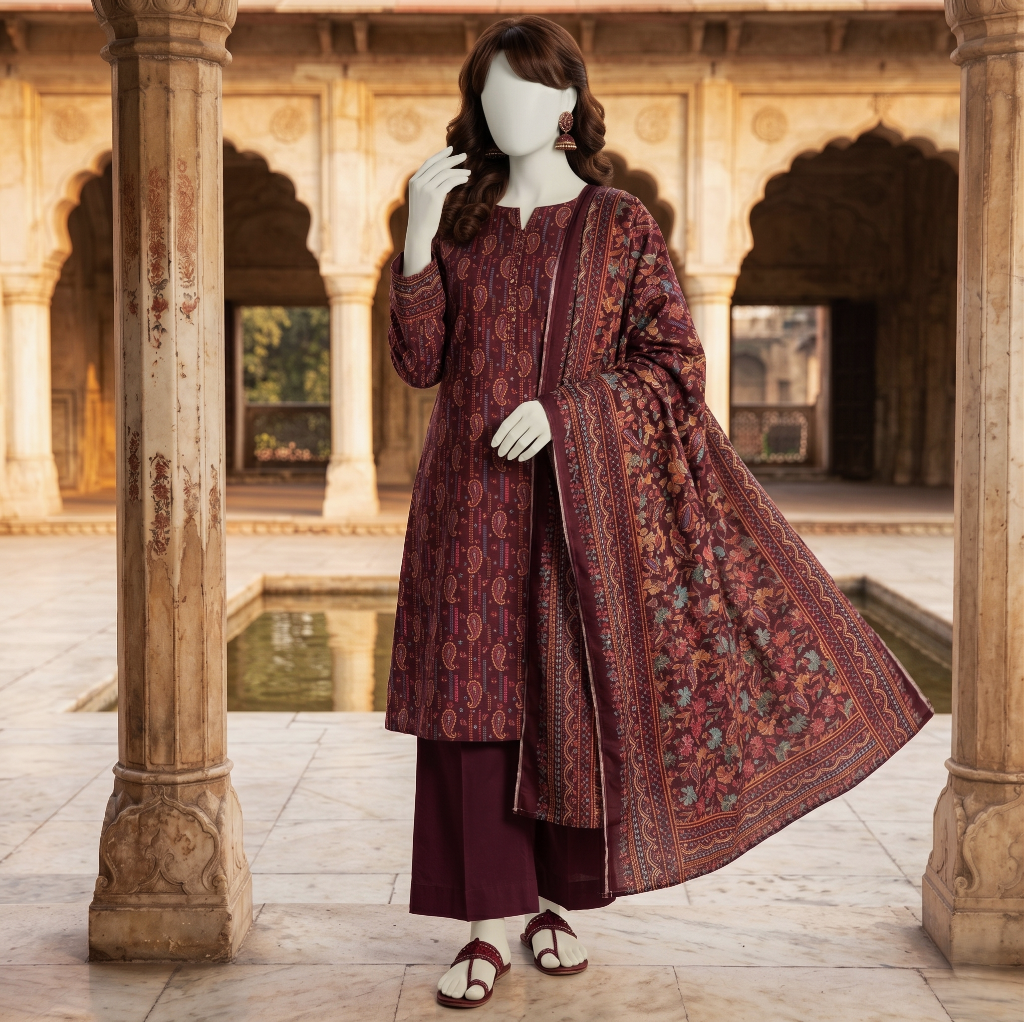 ZH2 Store Maroon Paisley Printed 3-Piece Unstitched Lawn Suit