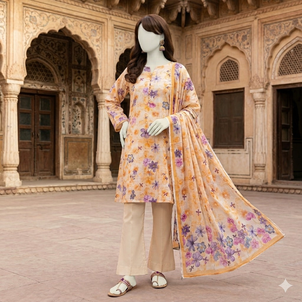 ZH2 Store Elegant Floral Printed 3-Piece Unstitched Lawn Suit