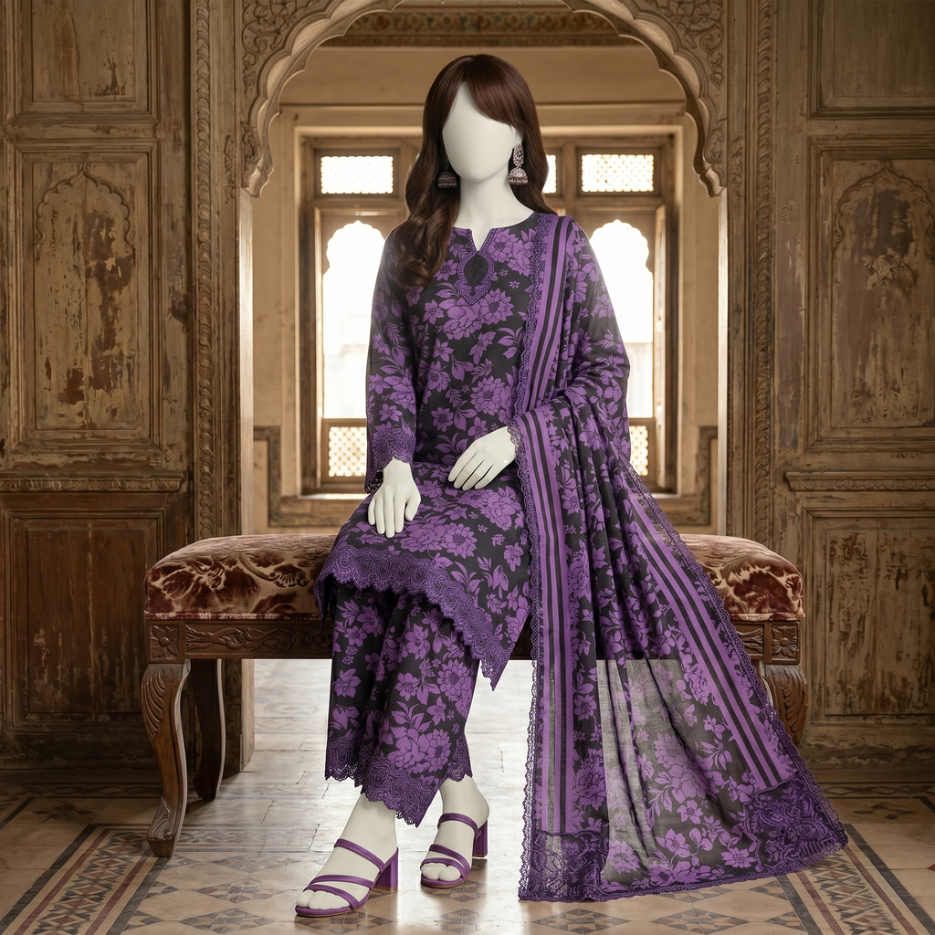 Premium 3-piece printed unstitched lawn suit collection by ZH2 Store, featuring an elegant floral and ethnic-inspired design with a 3.3-meter shirt, 2.2-meter dupatta, and 2.2-meter trouser fabric displayed on a mannequin.