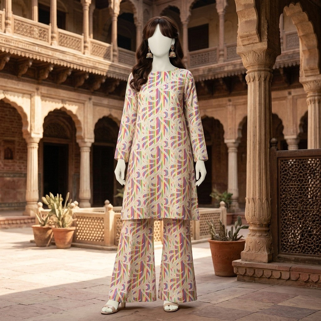 A mannequin wearing a  3-piece unstitched lawn suit.