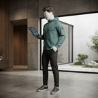 A standing pose showcasing the fit and modern style of the grayish blue hoodie by ZH2 Store.