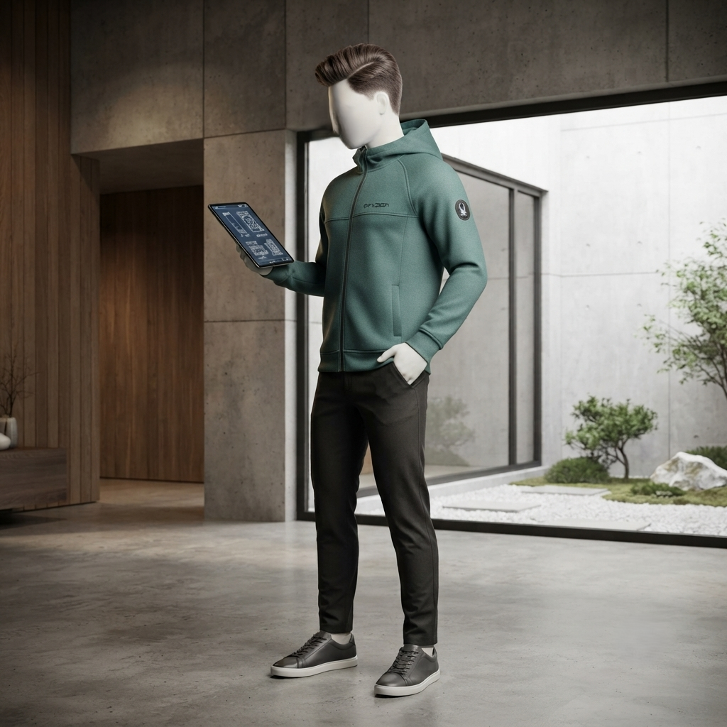 A standing pose showcasing the fit and modern style of the grayish blue hoodie by ZH2 Store.