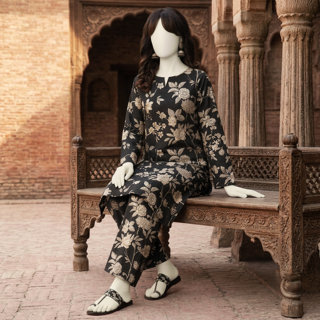 Close-up of premium cotton silk fabric texture and print details, unstitched suit material.