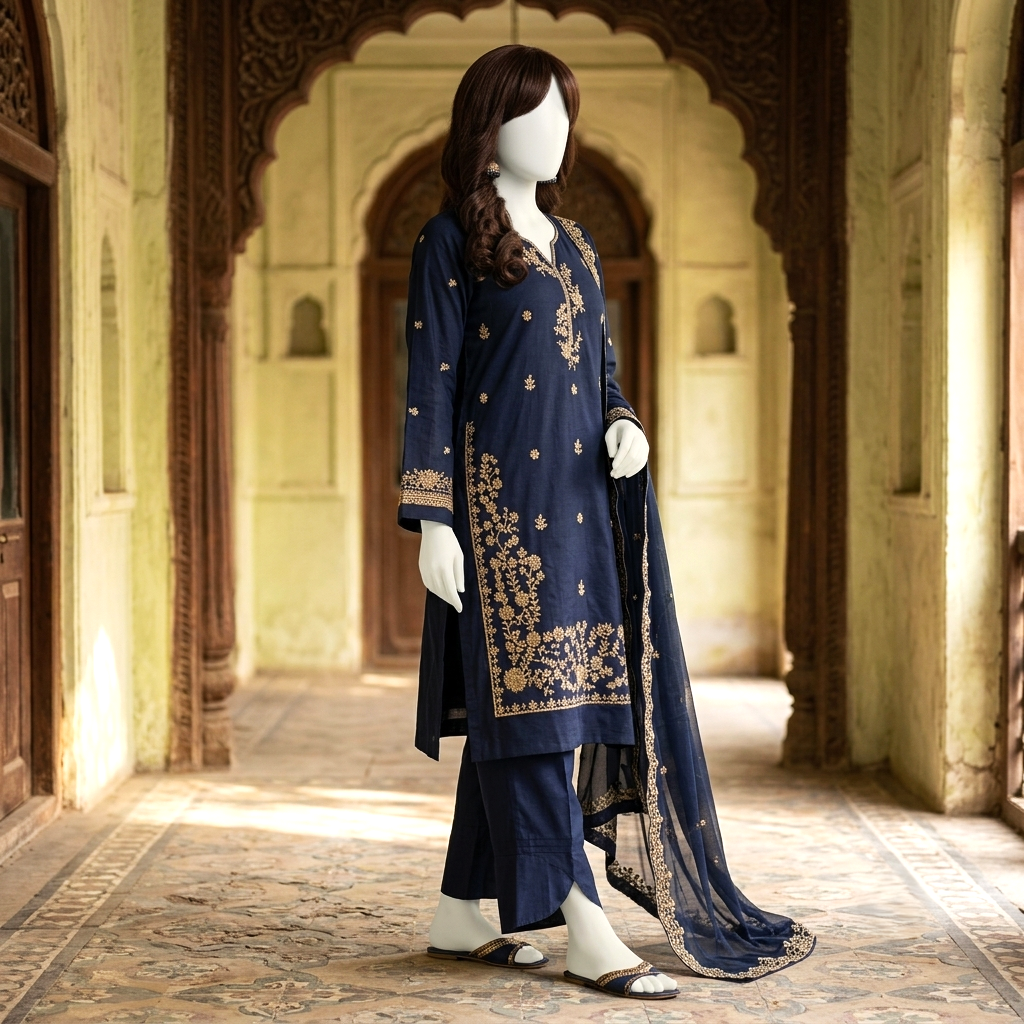 A side-profile view of the navy blue embroidered lawn suit, highlighting the detailed patterns on the shirt and sleeves.