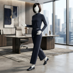 Full-length view of elegant black dress pants in a minimalist aesthetic setting, ZH2 Store apparel.