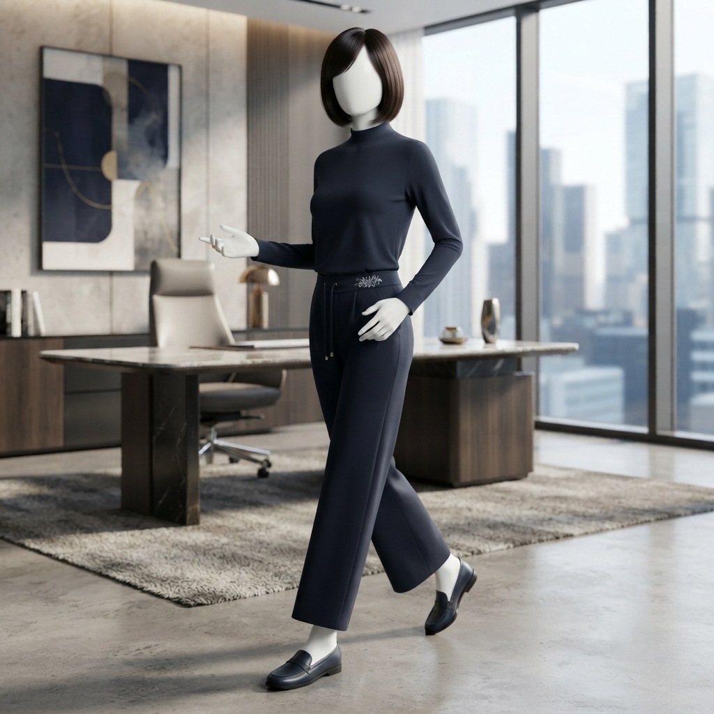 Full-length view of elegant black dress pants in a minimalist aesthetic setting, ZH2 Store apparel.