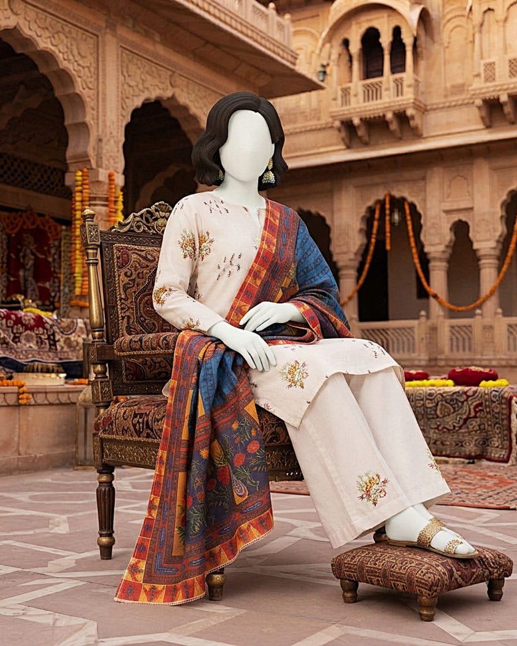 ZH2|Ivory & Multi-Colored 3-Piece Embroidered Lawn Suit |(LEU-5106)