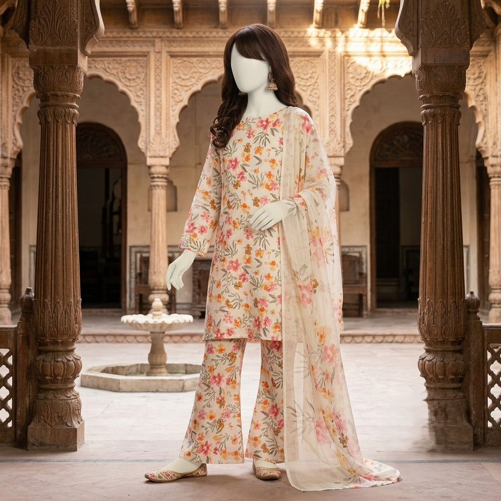 A mannequin standing and showcasing the intricate floral pattern of the 3-piece lawn suit.