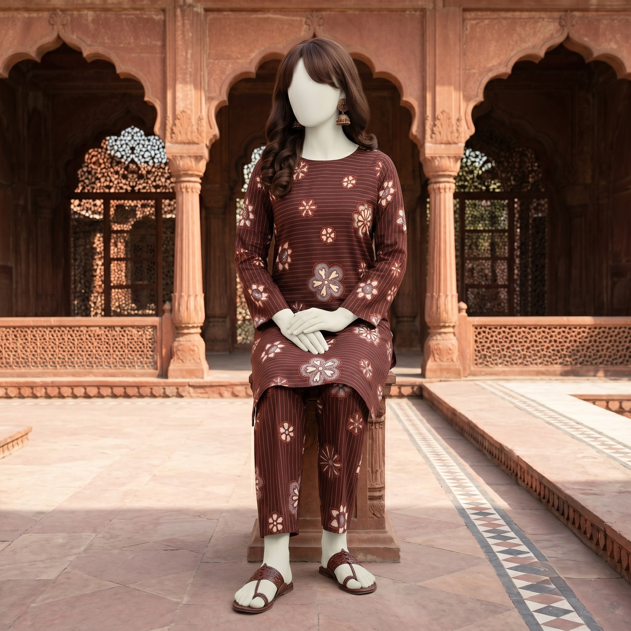 "Brown  floral printed unstitched 2-piece cotton suit for women by ZH2 Store."