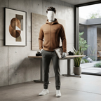A standing pose showcasing the fit and modern style of the brown hoodie by ZH2 Store.