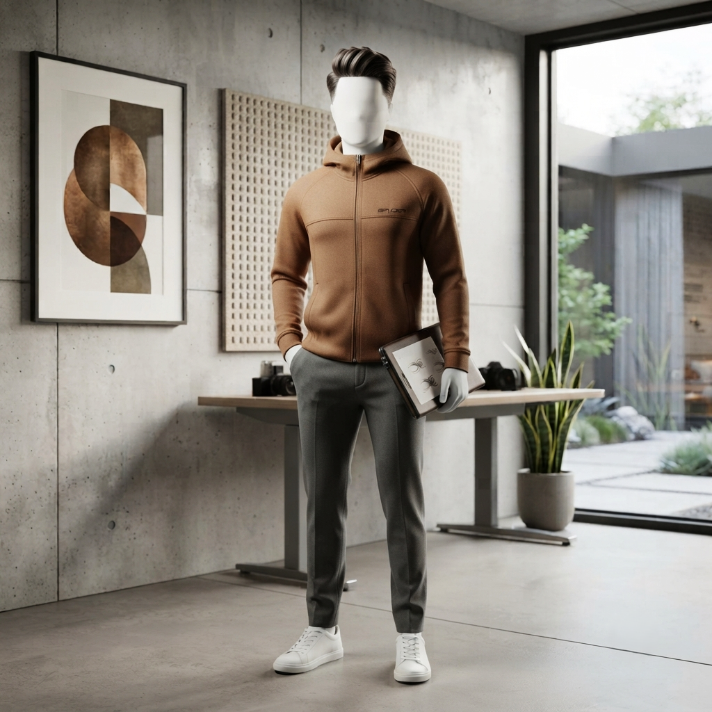 A standing pose showcasing the fit and modern style of the brown hoodie by ZH2 Store.