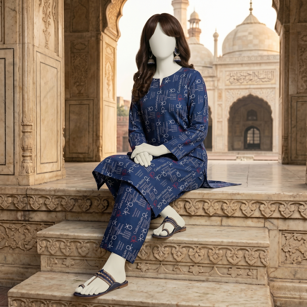 "Woman wearing a premium cotton-silk unstitched 2-piece suit with a monochrome floral print from ZH2 Store."