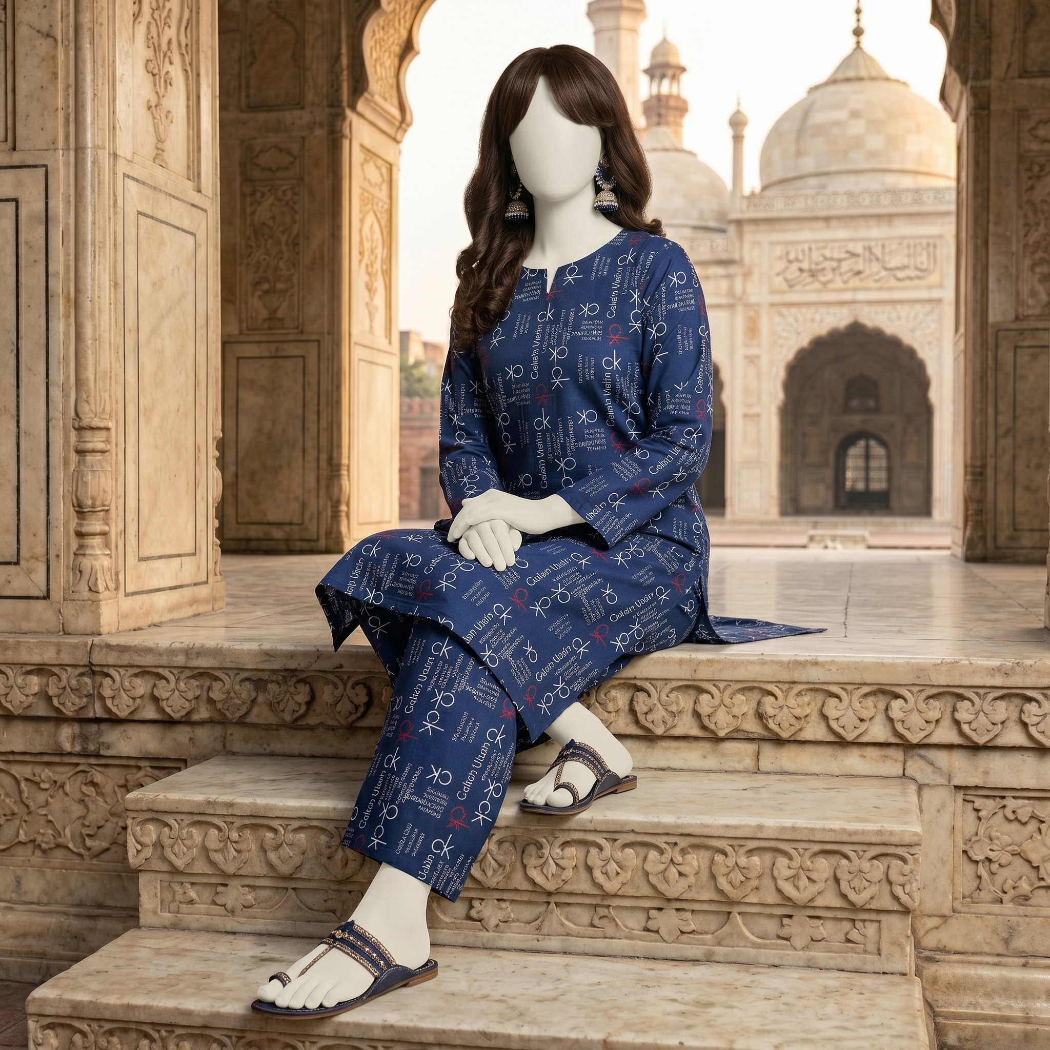 "Woman wearing a premium cotton-silk unstitched 2-piece suit with a monochrome floral print from ZH2 Store."