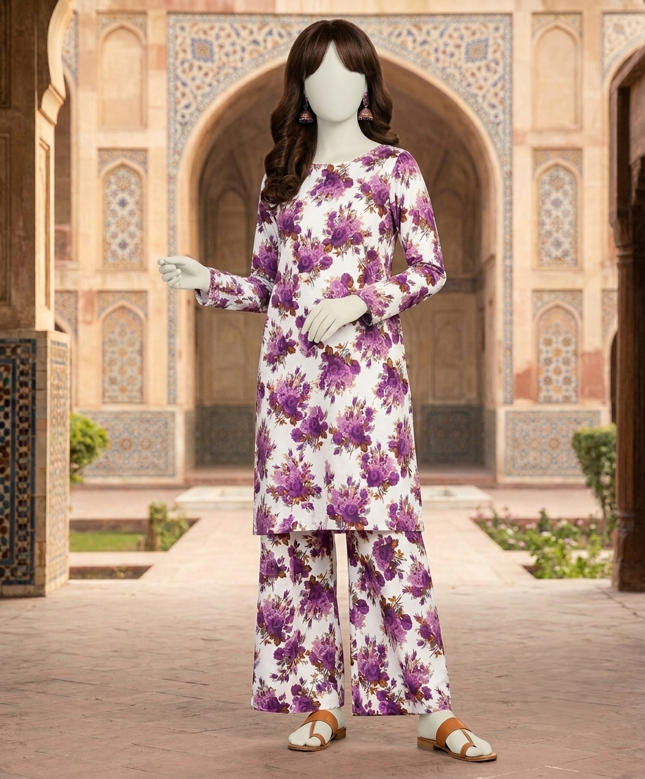 "Full view of elegant purple floral unstitched cotton shirt and trouser set"
