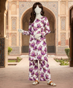 "Full view of elegant purple floral unstitched cotton shirt and trouser set"
