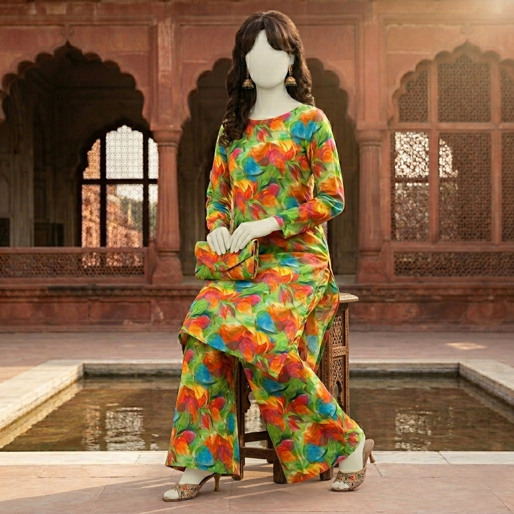 "Woman standing wearing multicolour floral print cotton-silk unstitched 2-piece suit from ZH2 Store."