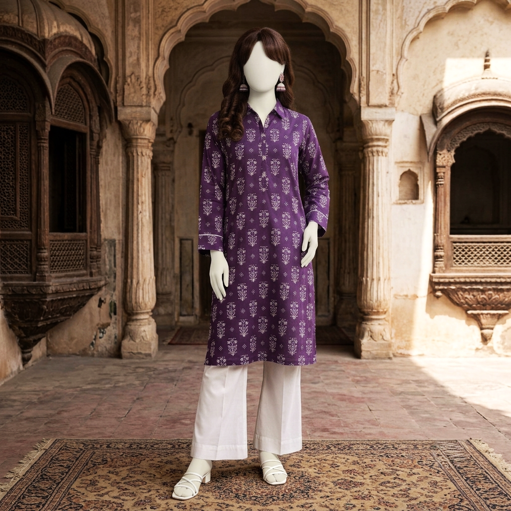 Close-up view of the purple and white floral printed 2-piece lawn suit displayed on a mannequin for the ZH2 Store collection.