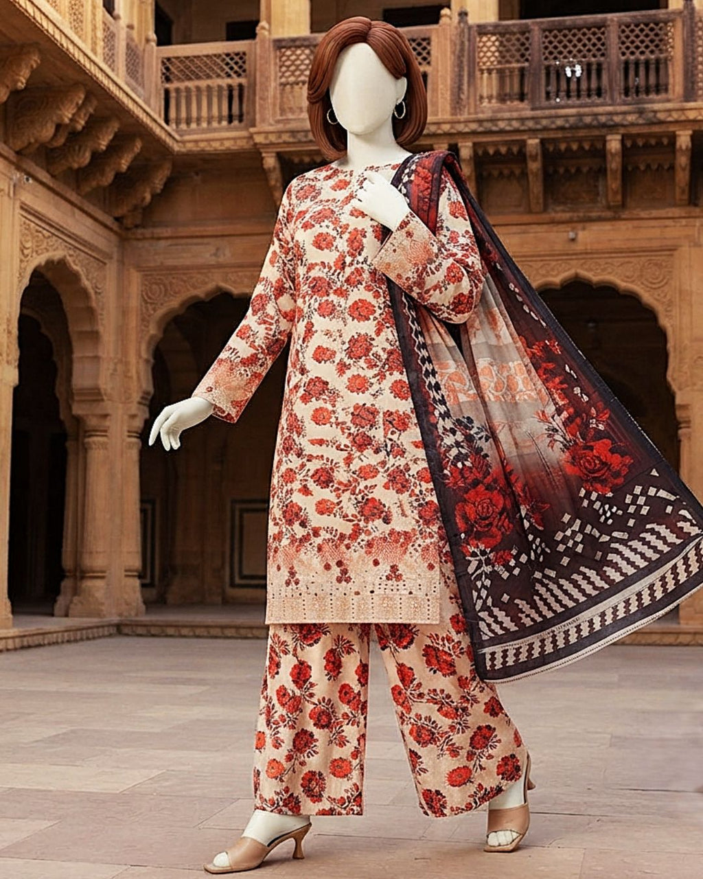 Detailed view of unstitched chikankari lawn shirt front and matching printed trousers