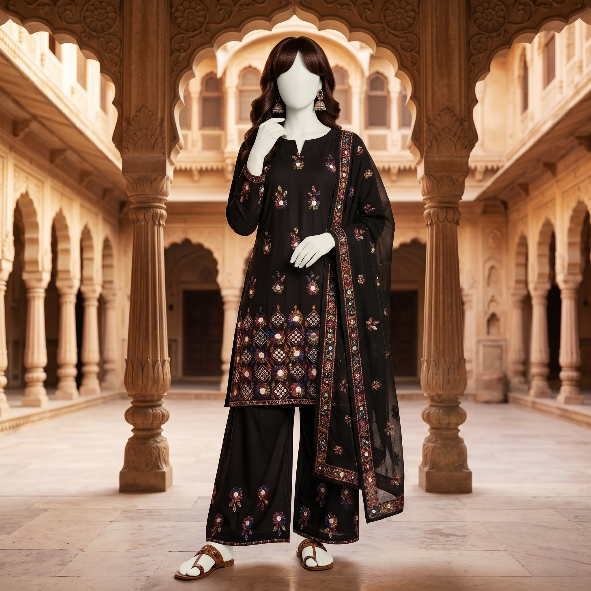 Elegant 3-piece unstitched lawn suit with colorful intricate embroidery on the shirt and trousers, paired with a matching embroidered dupatta, displayed on a mannequin.