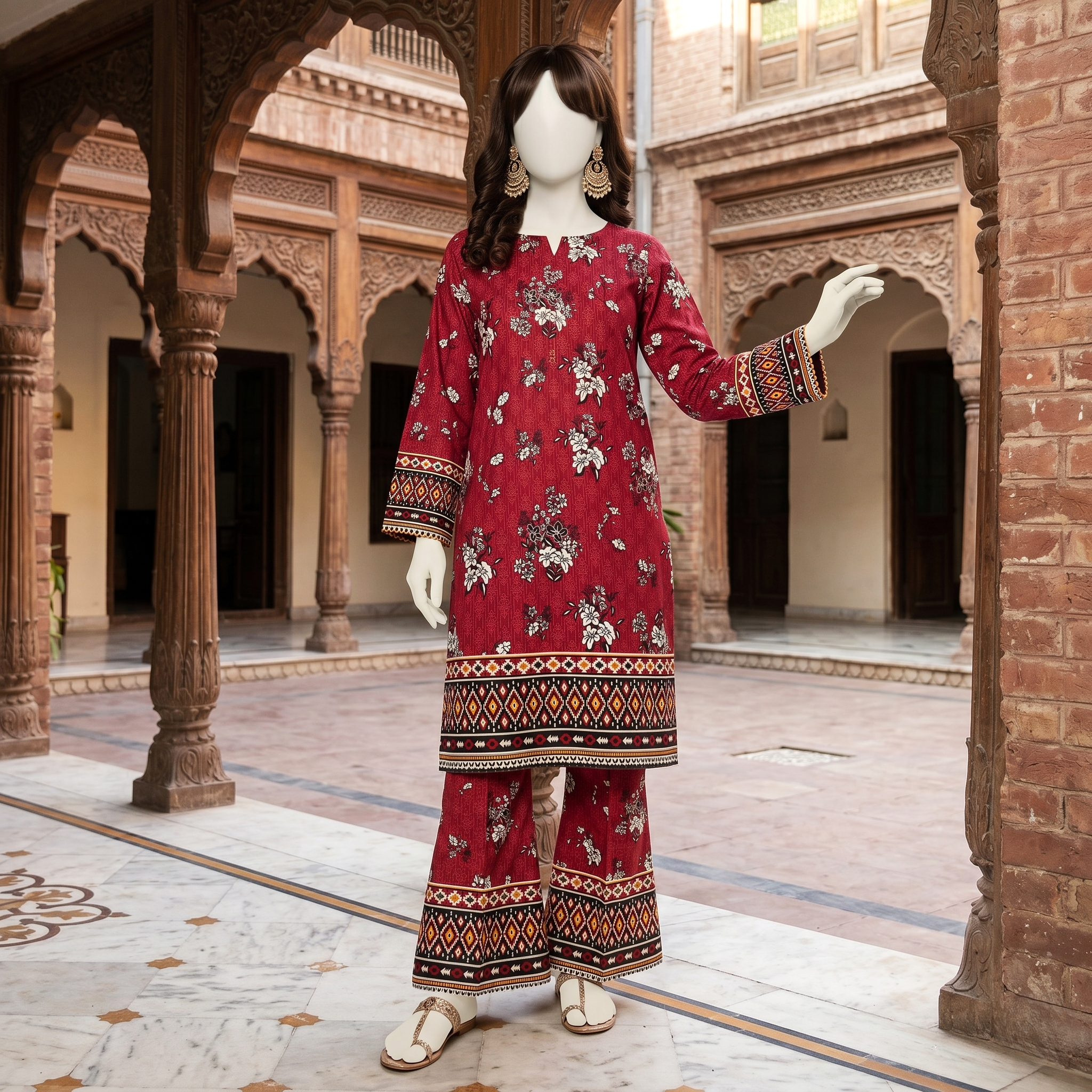 Red floral printed 2-piece unstitched cotton lawn suit by ZH2 Store.