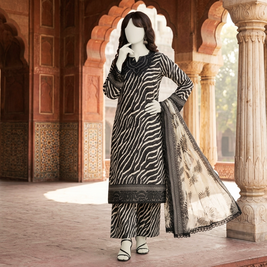 A full-length view of a mannequin displaying a bold zebra print lawn suit with detailed embroidery on the neckline and hem, complemented by an elegant dupatta.