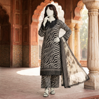 A full-length view of a mannequin displaying a bold zebra print lawn suit with detailed embroidery on the neckline and hem, complemented by an elegant dupatta.