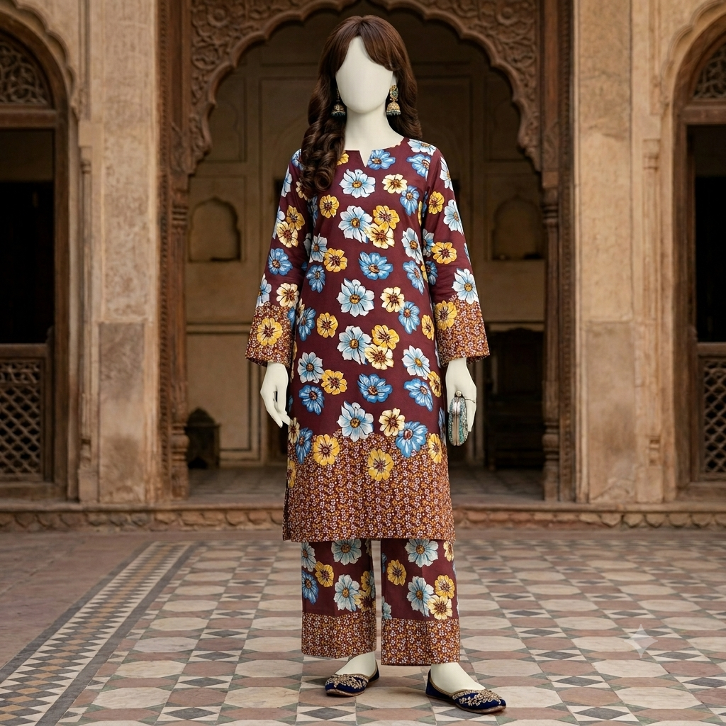 Mannequin displaying a maroon 2-piece unstitched suit with floral pattern and chunri border, premium cotton silk fabric, front view.