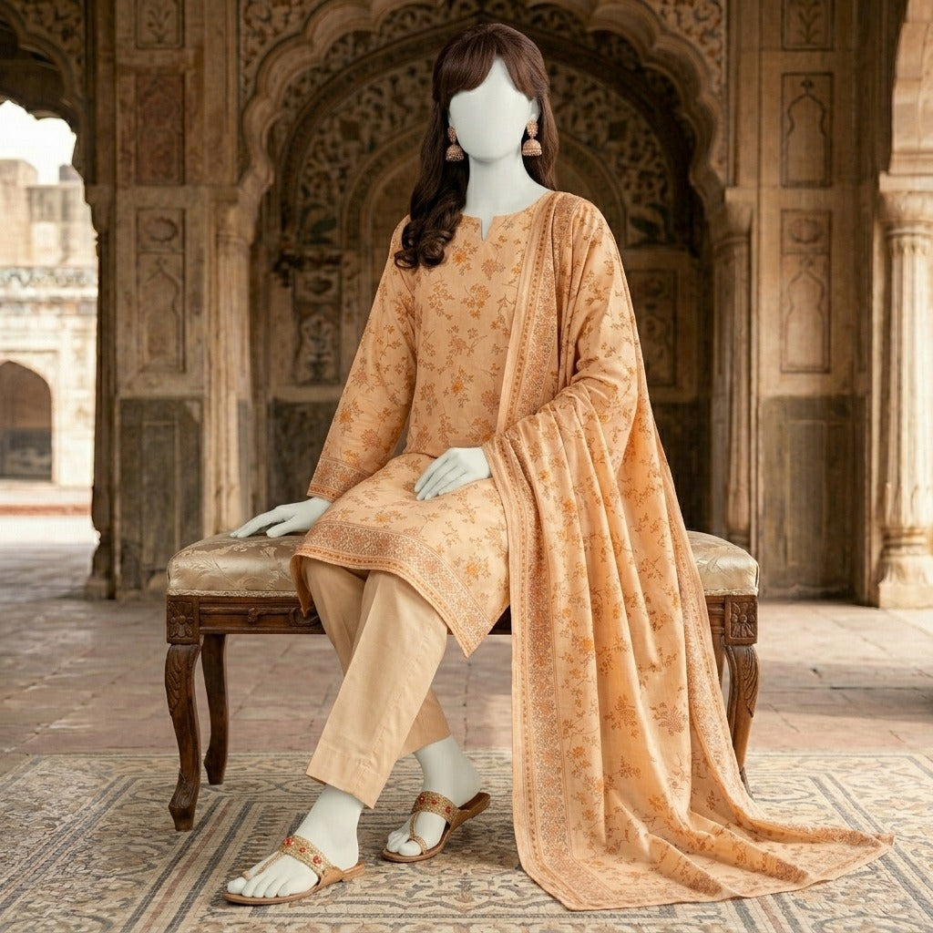 ZH2 Store Elegant Peach Floral Printed 3-Piece Unstitched Lawn Suit