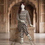 "Woman wearing a premium cotton-silk unstitched 2-piece suit with modern geometric printed work from ZH2 Store."