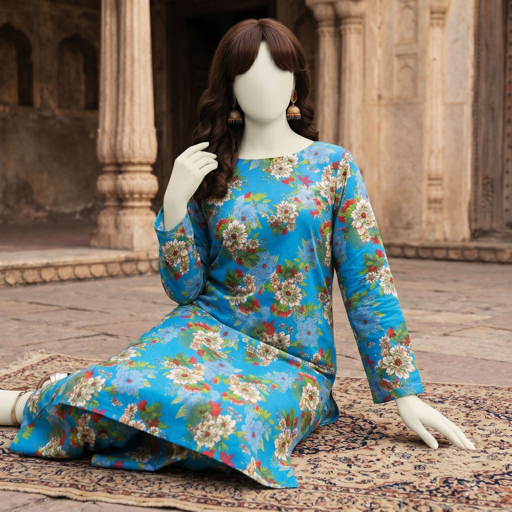 Close-up detail of blue cotton fabric with vibrant floral print, unstitched 2-piece suit.
