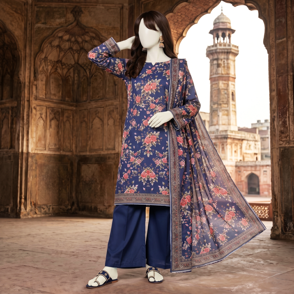Detailed view of navy blue lawn shirt and dupatta with floral pattern.