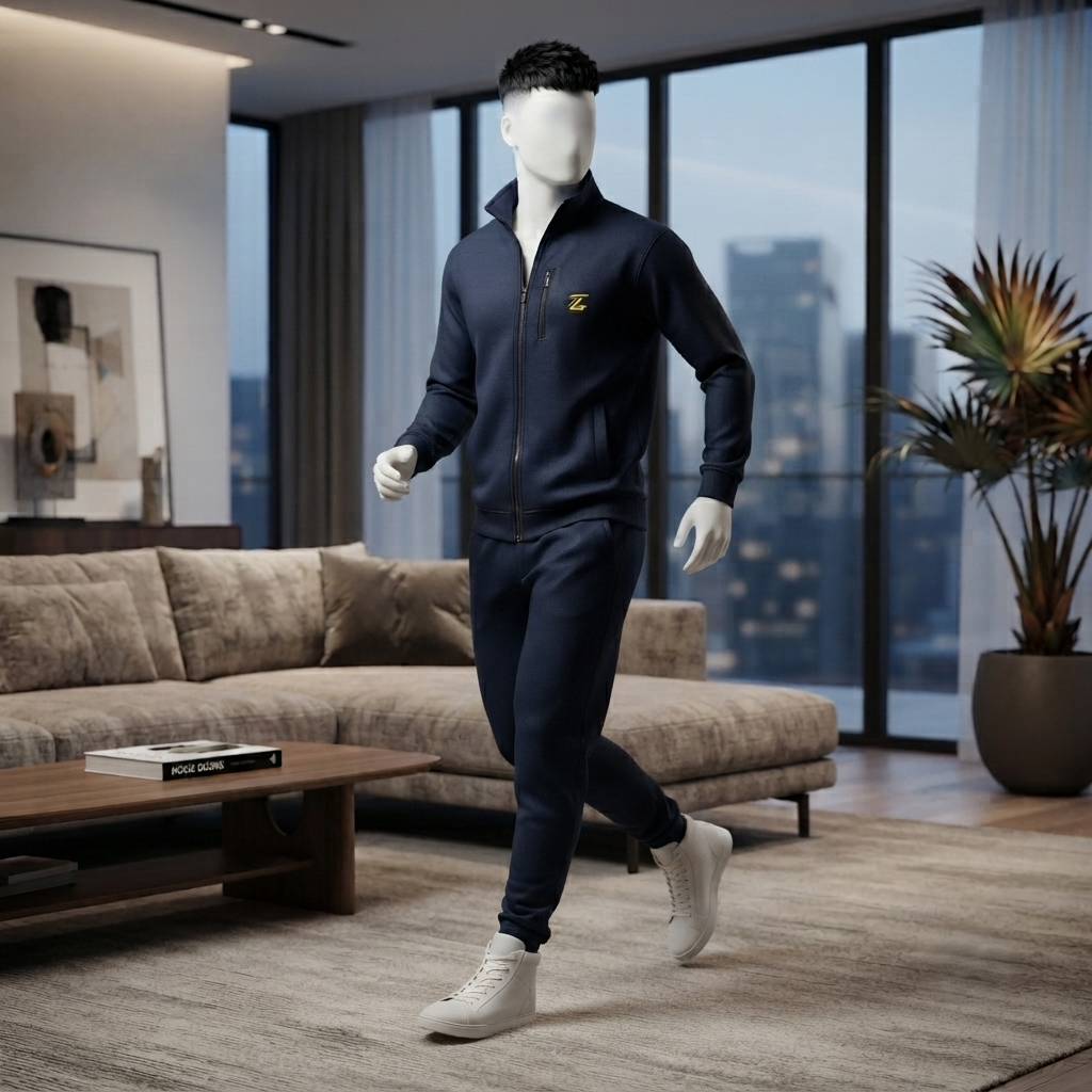 A dynamic walking pose showcasing the fit and flexibility of the ZH2 Store men's tracksuit.
