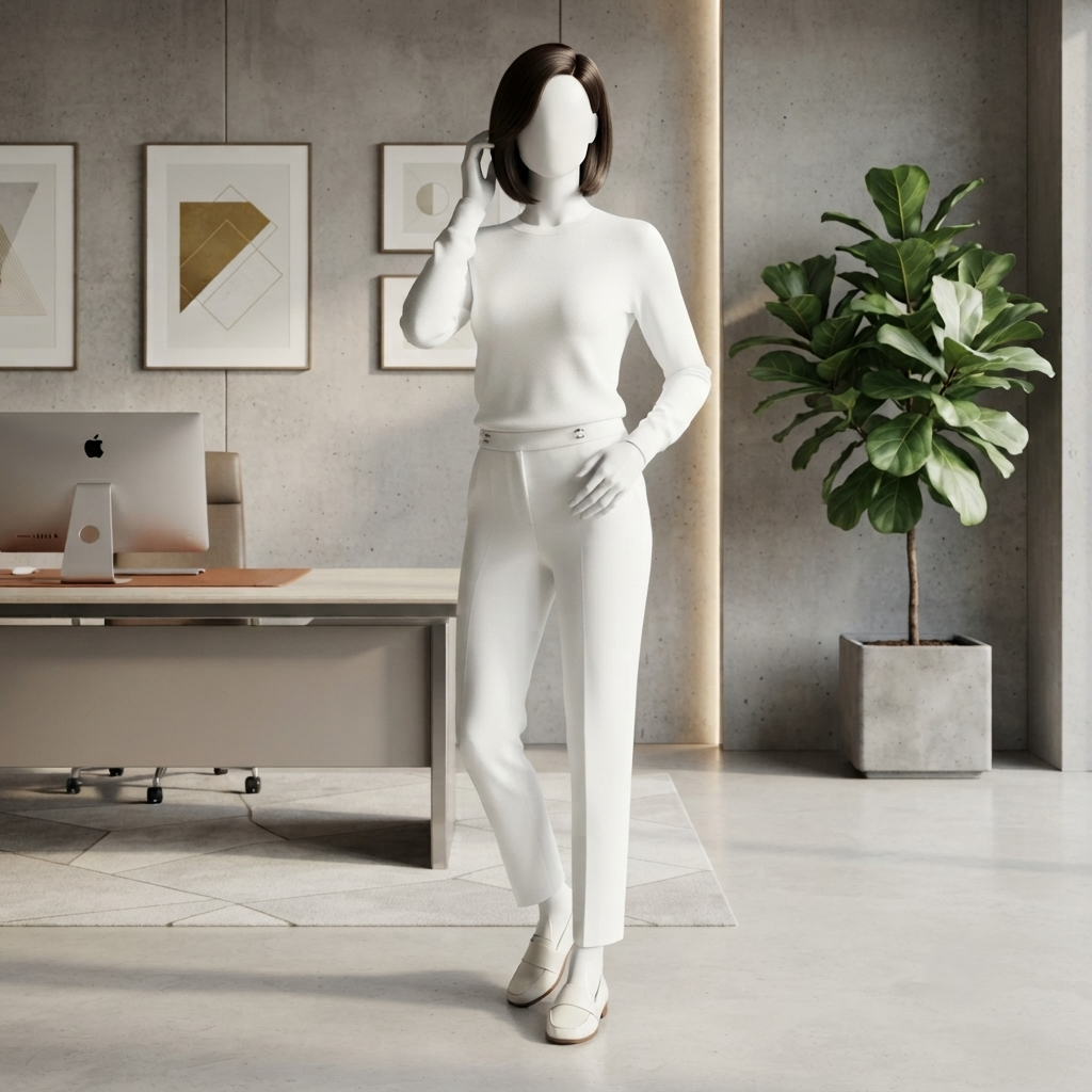 Mannequin wearing professional dress pants in a modern office setting, ZH2 Store.