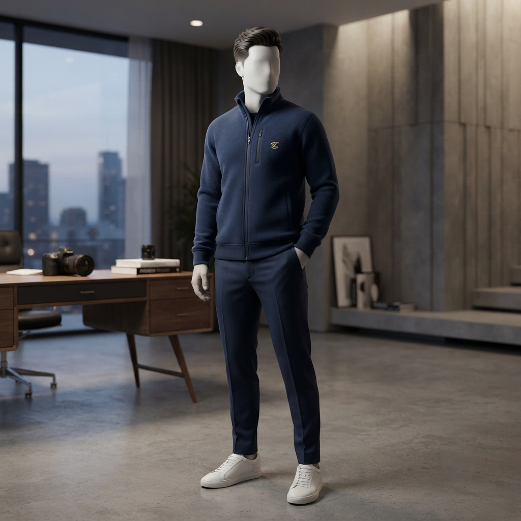 Full-length standing pose of the navy zip-up jacket from ZH2 Store, showcasing the tailored fit.