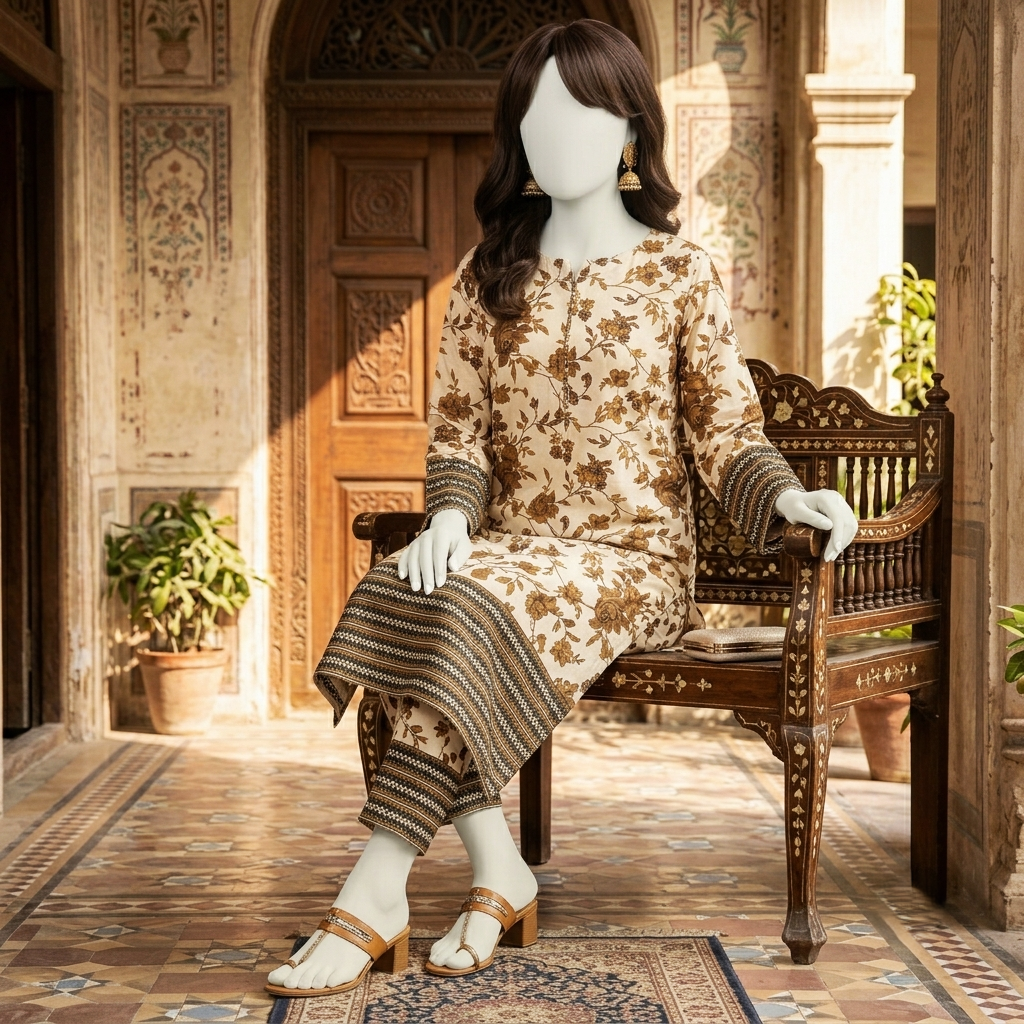  Mannequin seated on a wooden chair displaying a 2-piece unstitched cotton silk suit with earthy floral print and chunri borders.
