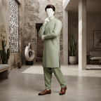 A side view of the Sage Green Shalwar Kameez, highlighting the refined collar and silhouette available at ZH2 Store.