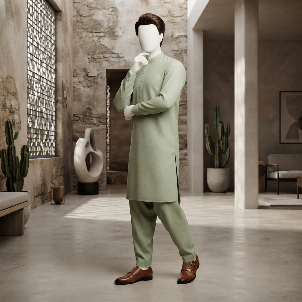 A side view of the Sage Green Shalwar Kameez, highlighting the refined collar and silhouette available at ZH2 Store.