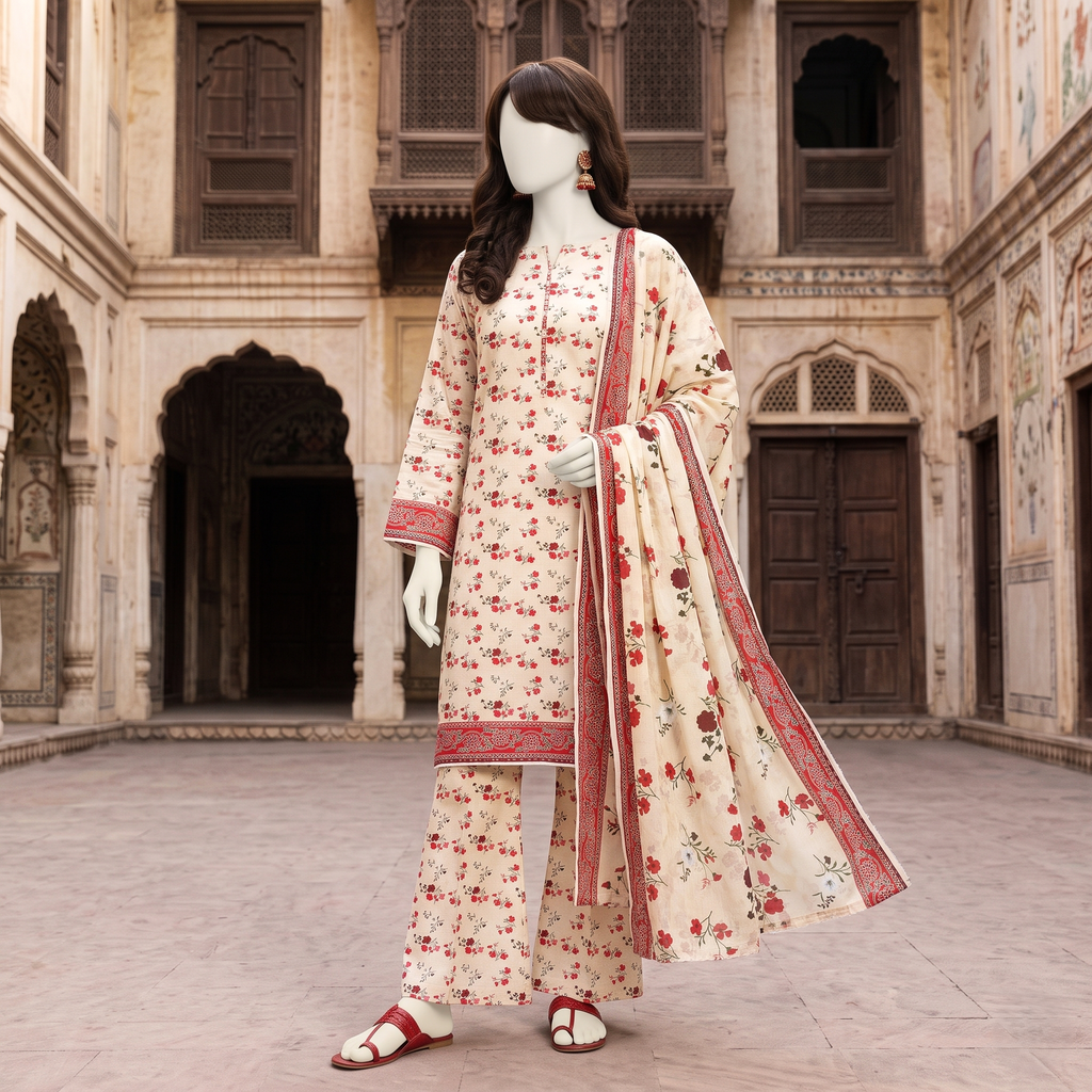 Side view showcasing the floral print and style of the beige 3-piece unstitched suit by ZH2 Store.