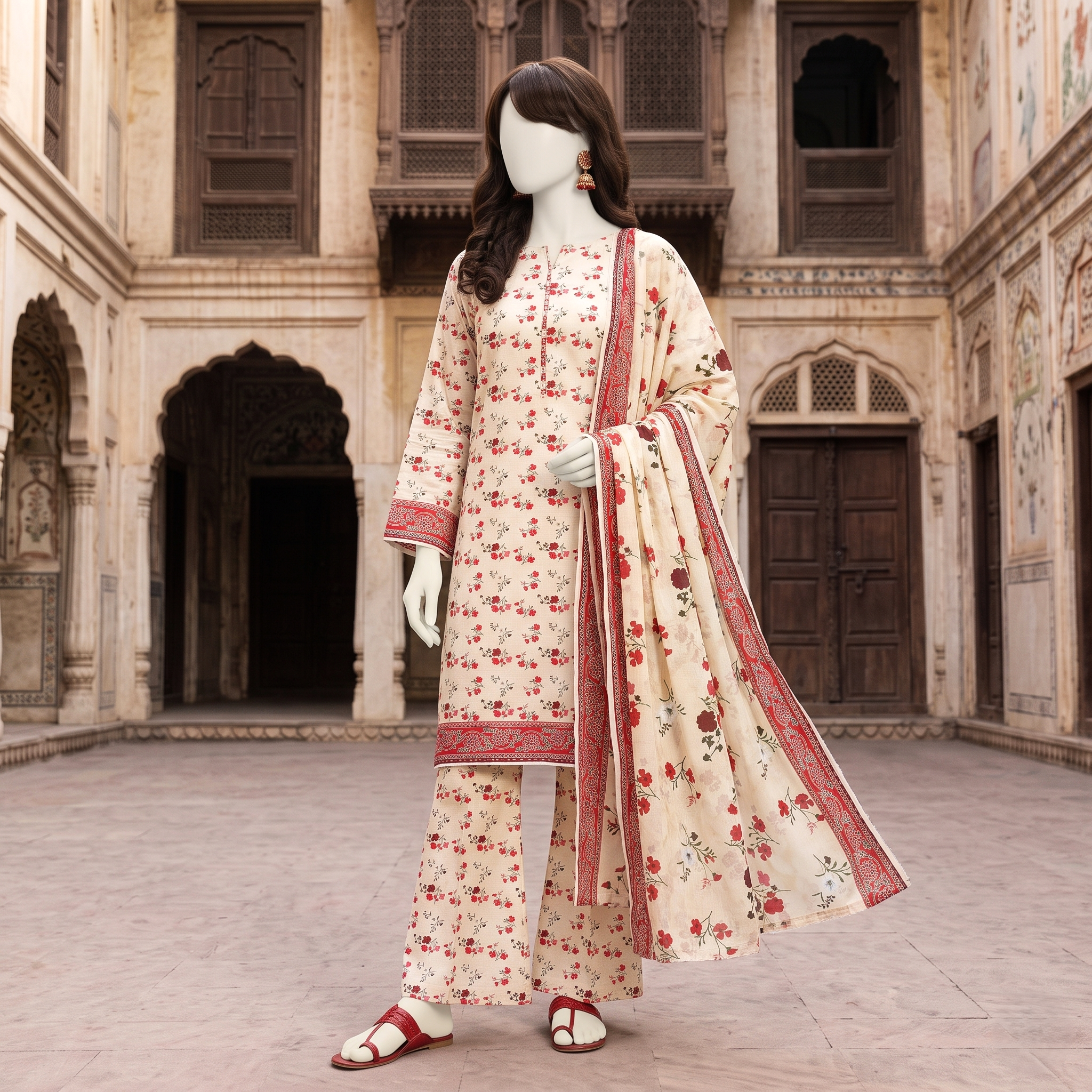 Side view showcasing the floral print and style of the beige 3-piece unstitched suit by ZH2 Store.