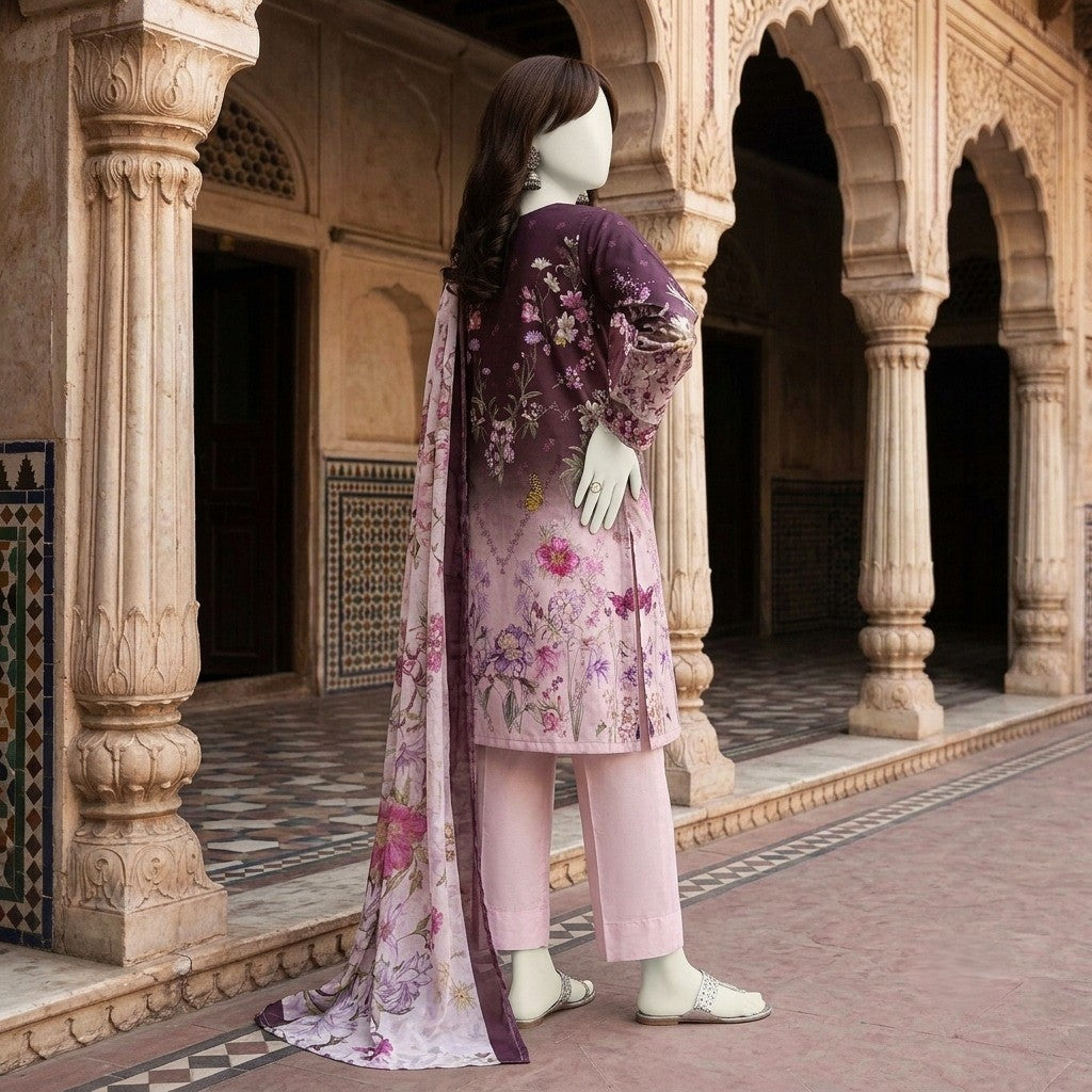 A mannequin displaying a purple and pink floral printed 3-piece unstitched lawn suit.