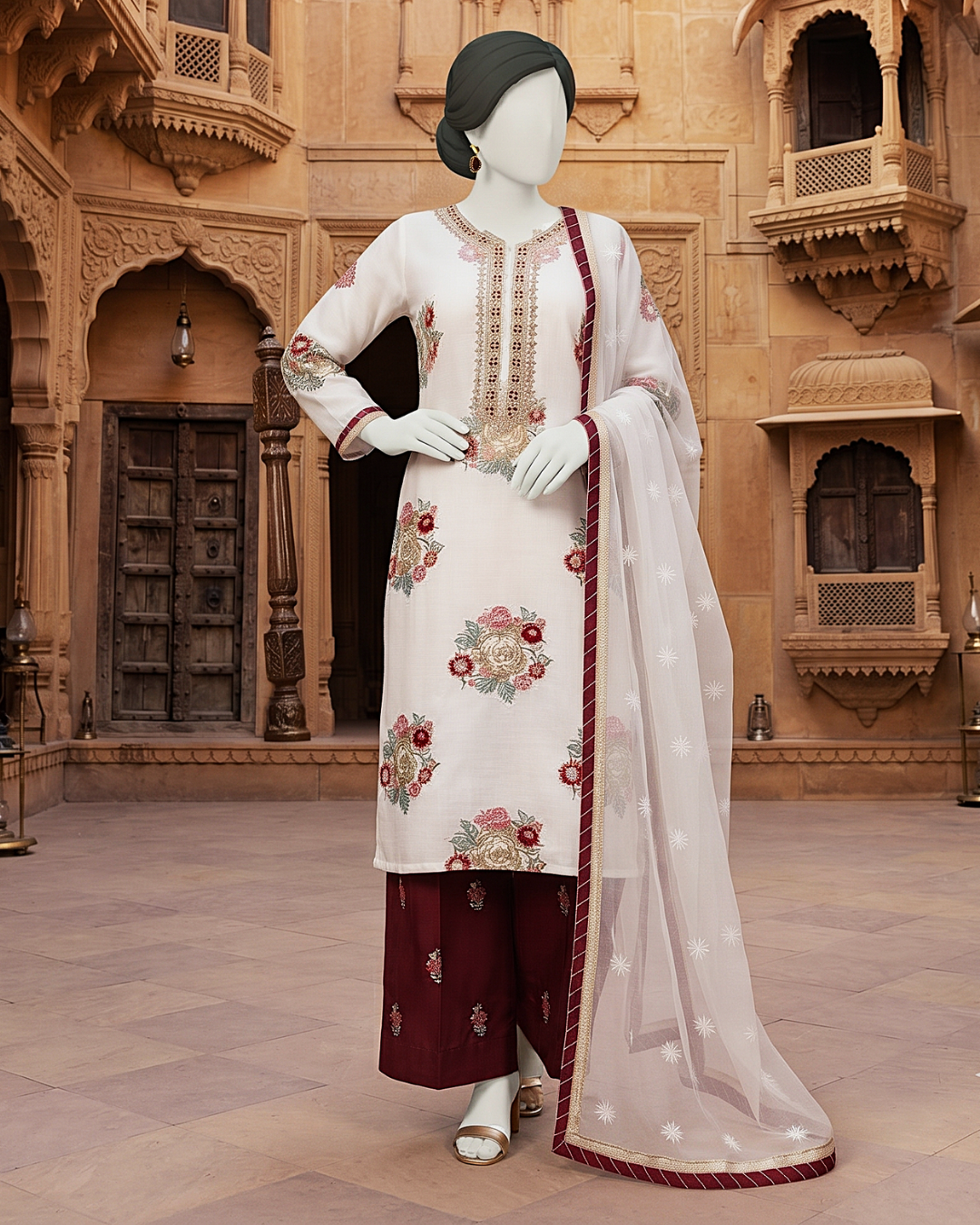 3-piece unstitched embroidered lawn suit with a matching trouser and dupatta displayed on a mannequin.