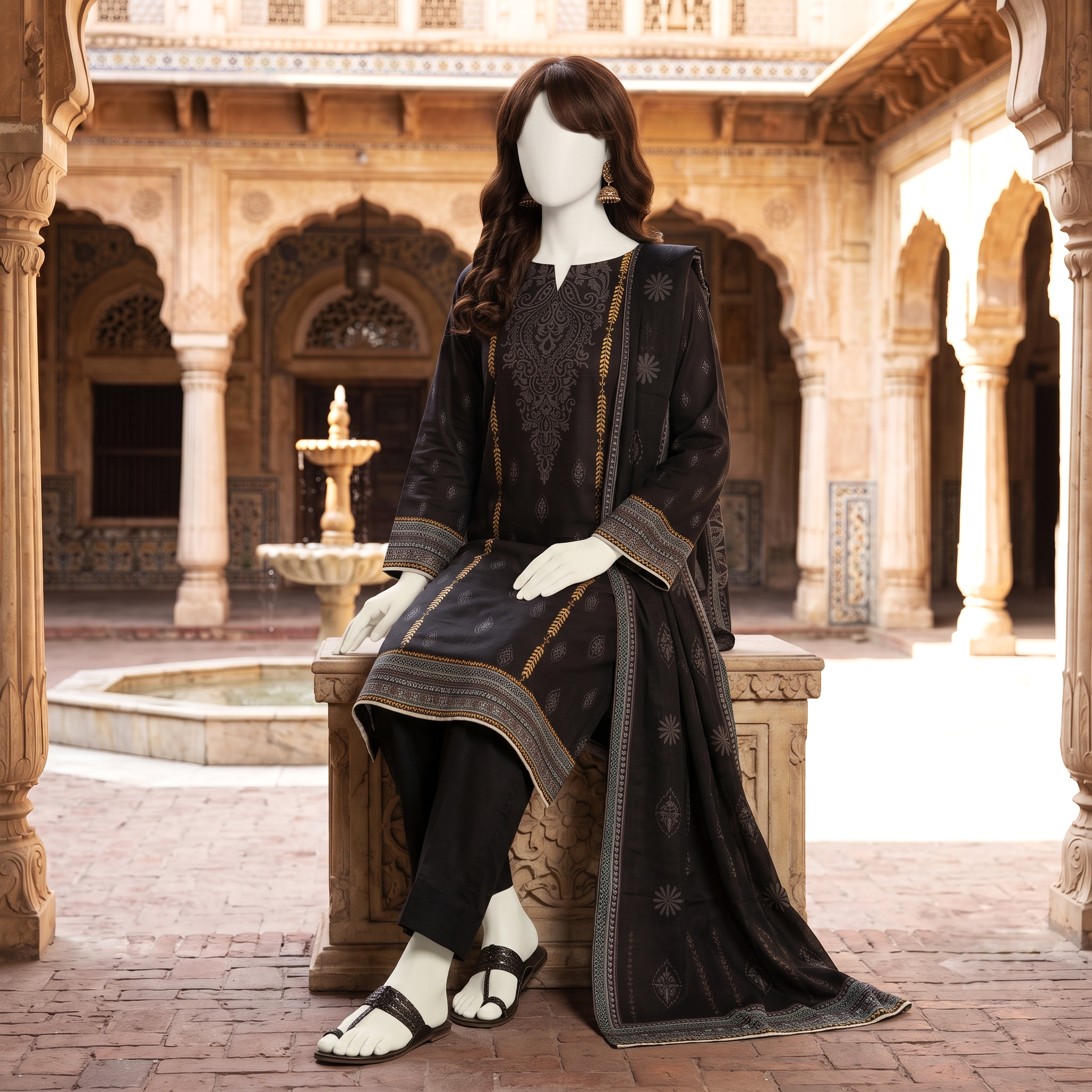 Close-up view of the mannequin seated on a stone bench, showcasing the detailed patterns of the black unstitched lawn suit by ZH2 Store.