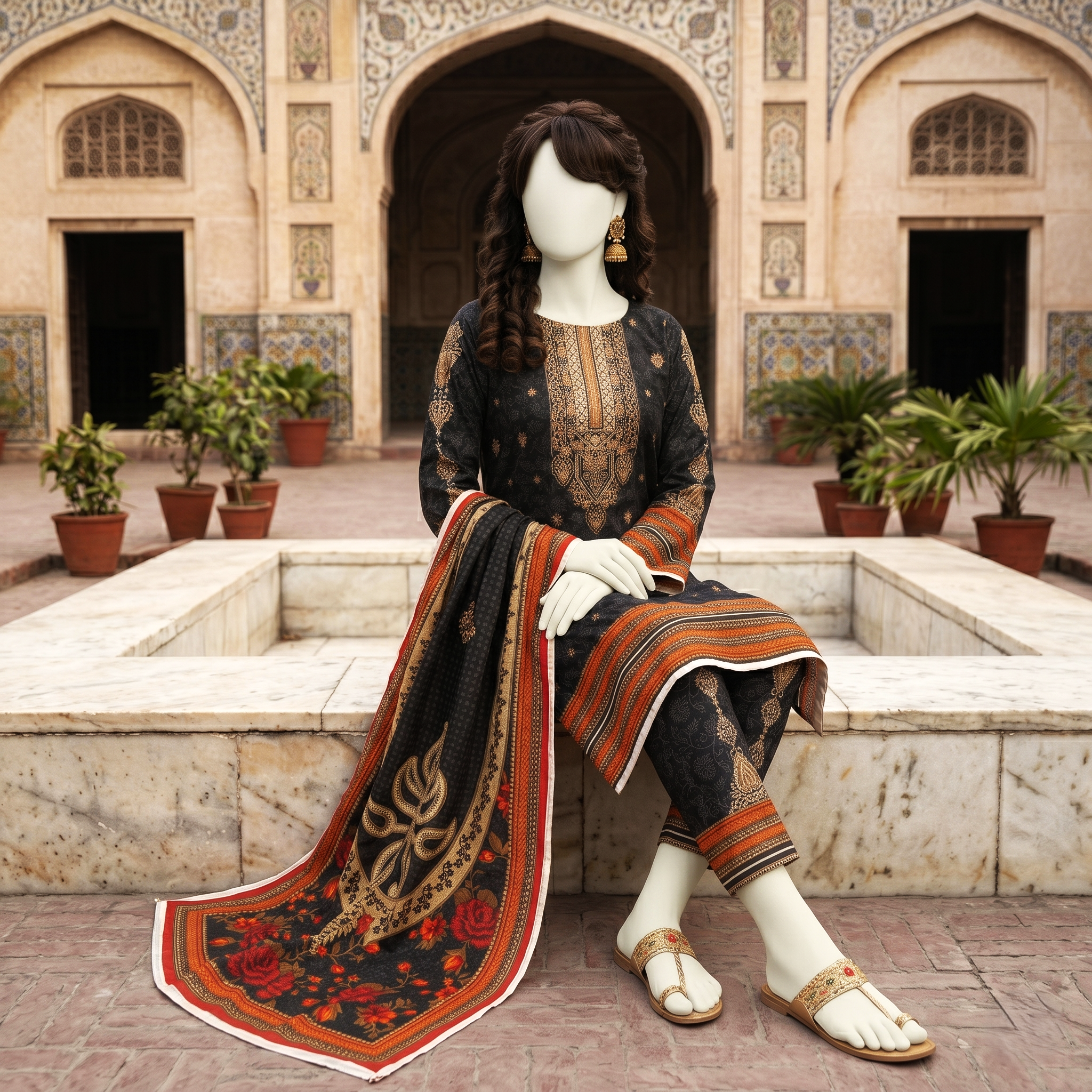 ZH2 Store Black 3-Piece Unstitched Printed Lawn Suit