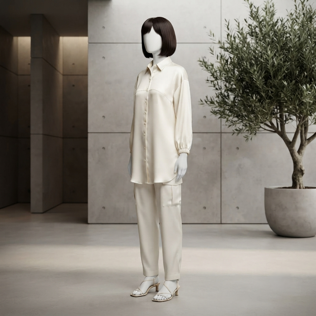 A mannequin wearing a cream silk formal shirt and matching trousers, displayed in a modern, neutral-toned interior.
