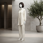 A mannequin wearing a cream silk formal shirt and matching trousers, displayed in a modern, neutral-toned interior.