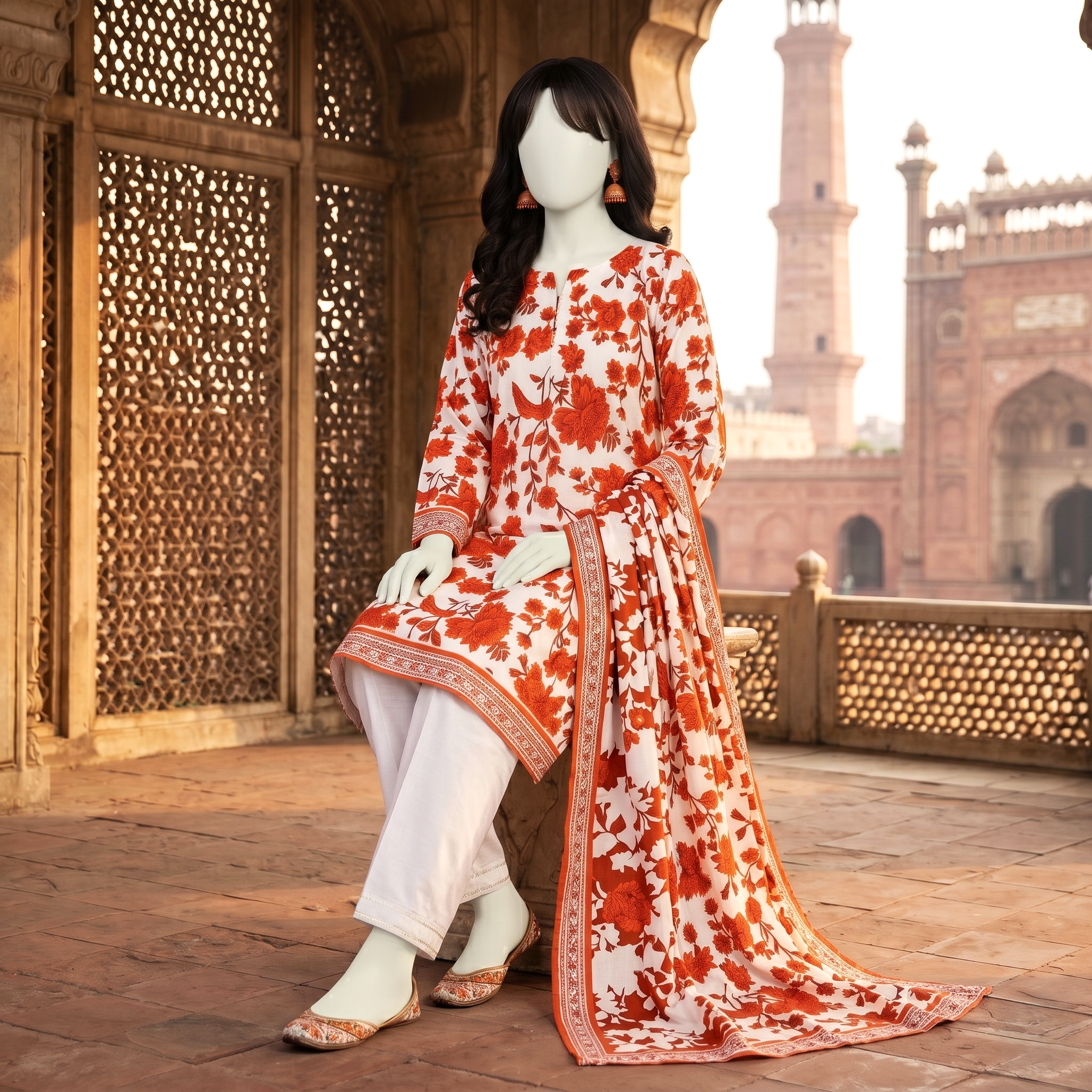 A mannequin sitting and wearing a 3-piece white and orange floral printed lawn suit, highlighting the unstitched fabric quality.