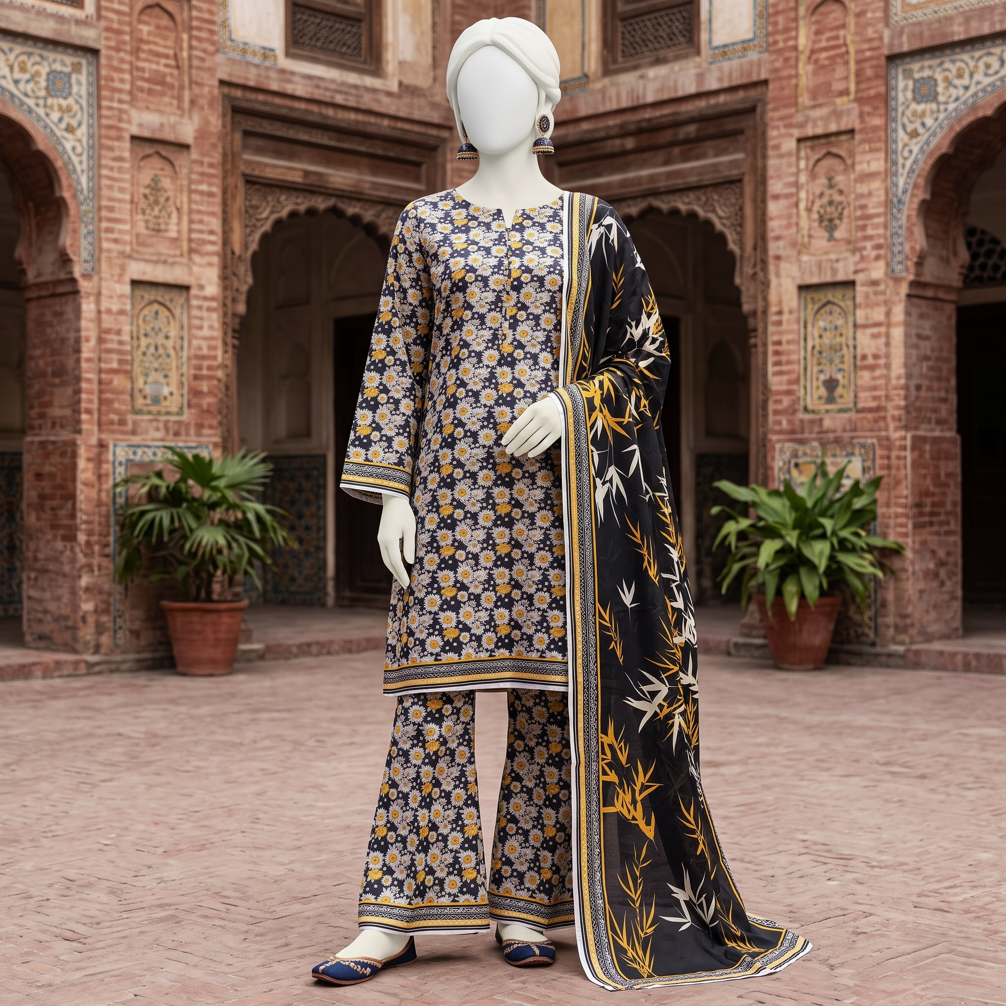 Full view of a mannequin showcasing a premium floral lawn 3-piece unstitched suit from ZH2 Store, highlighting the intricate print pattern and fabric drape.