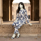 Model sitting wearing off-white 2-piece printed cotton silk suit with dark blue floral work - zh2 store