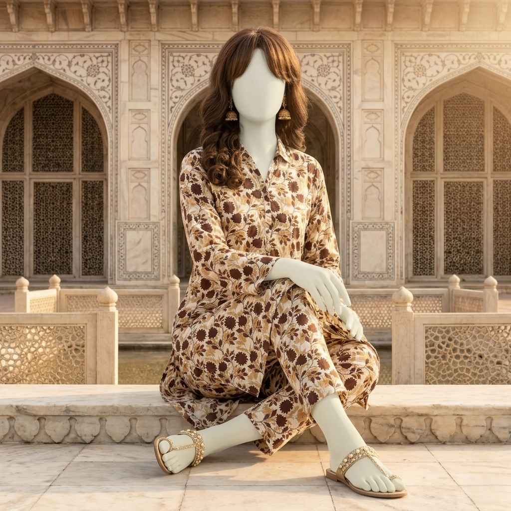 "Woman wearing a premium cotton-silk unstitched 2-piece suit with earth-tone floral prints from ZH2 Store."