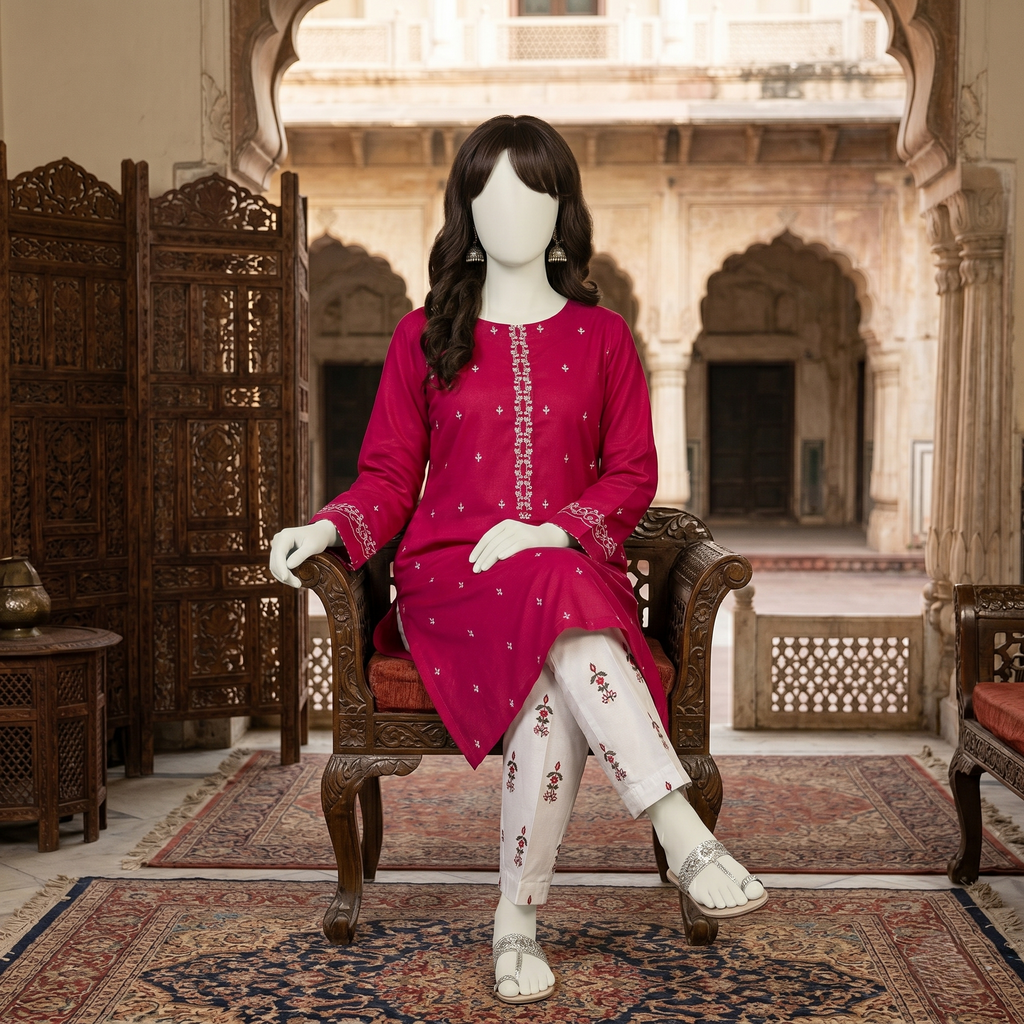Premium 3-piece printed unstitched lawn suit collection by ZH2 Store, featuring a 2.1-meter shirt, 2.2-meter dupatta, and 2.2-meter trouser fabric with intricate floral and ethnic designs displayed on a mannequin.